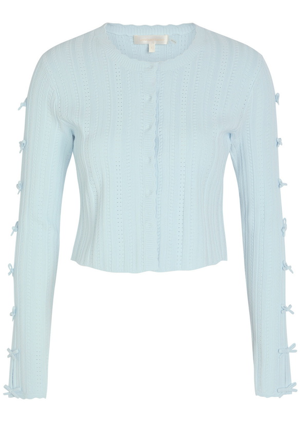 Photo: Loveshackfancy Zoriah Bow-appliquéd Pointelle-knit Cardigan Light Blue