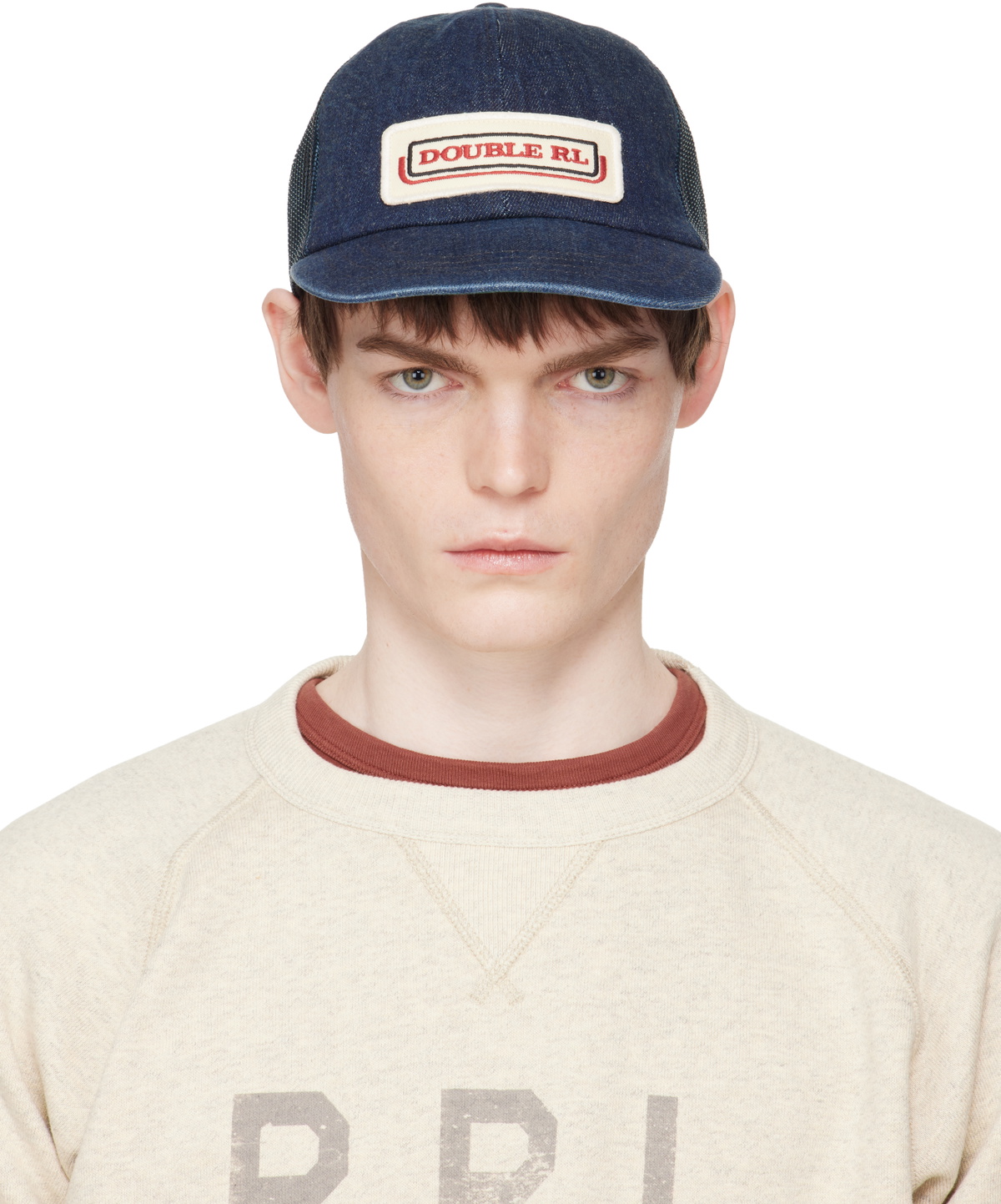RRL Navy Logo-Patch Indigo Denim Trucker Cap