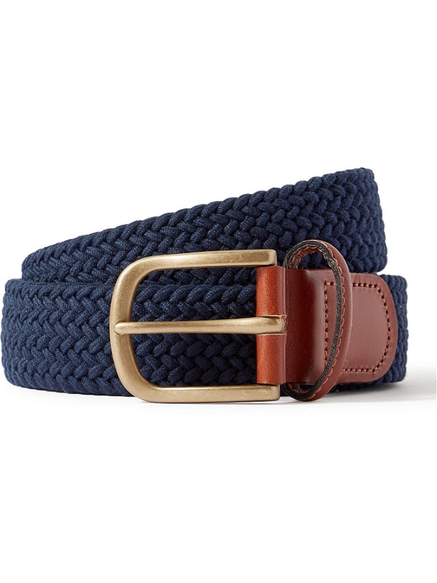 Photo: ANDERSON & SHEPPARD - 3.5cm Leather-Trimmed Woven Belt - Blue