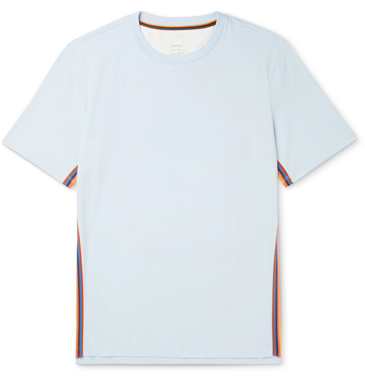 Photo: PAUL SMITH - Slim-Fit Striped Webbing-Trimmed Organic Cotton-Jersey T-Shirt - Blue