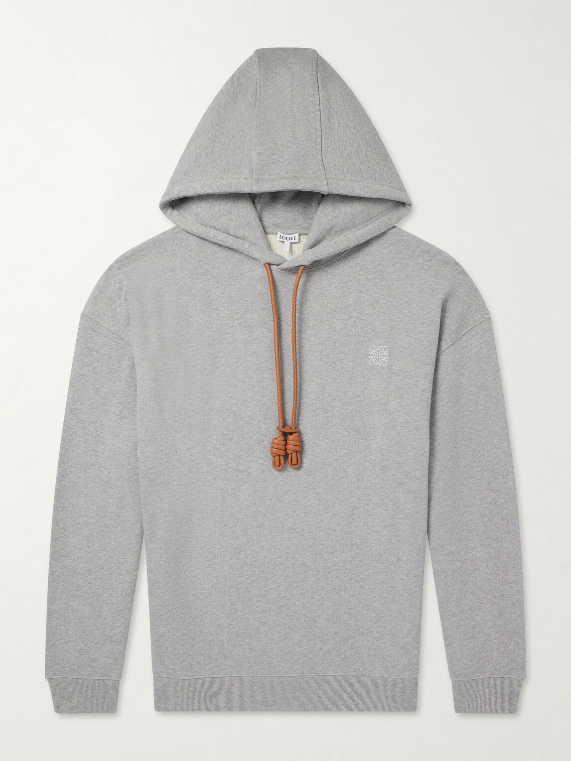 LOEWE - Anagram-Embroidered Leather-Trimmed Cotton-Fleece Hoodie - Gray