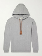 LOEWE - Anagram-Embroidered Leather-Trimmed Cotton-Fleece Hoodie - Gray