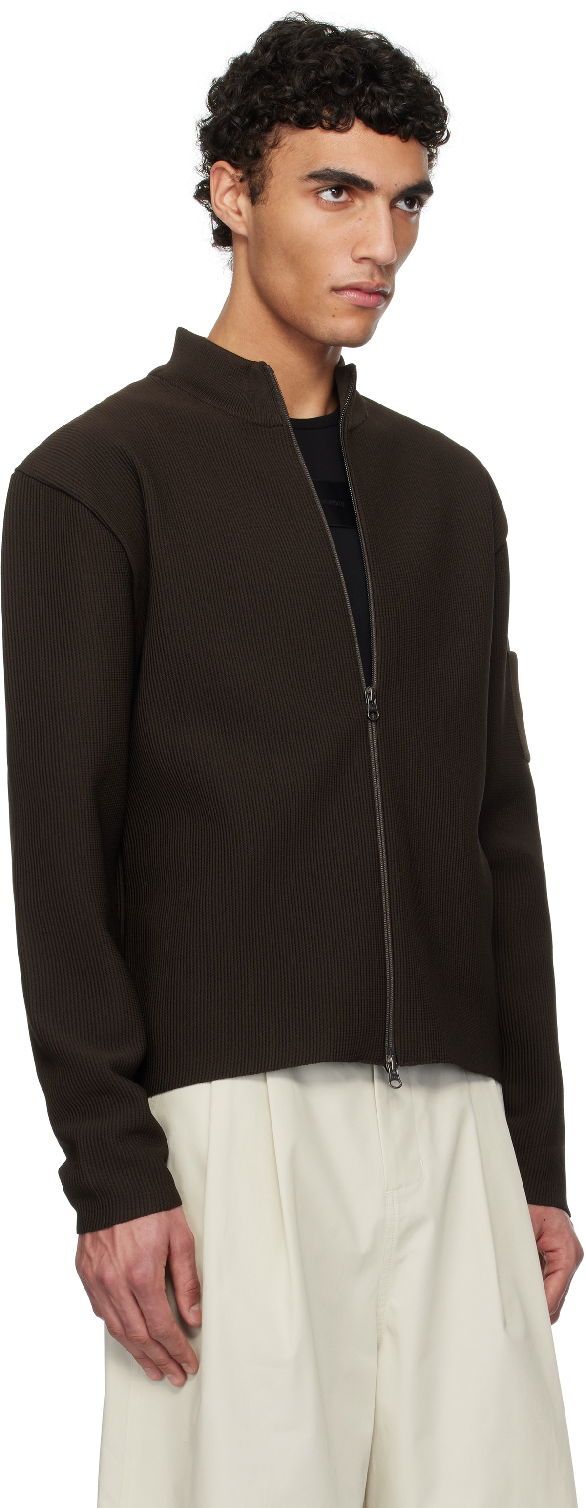 AMOMENTO Brown Mock Neck Zip-Up Cardigan AMOMENTO