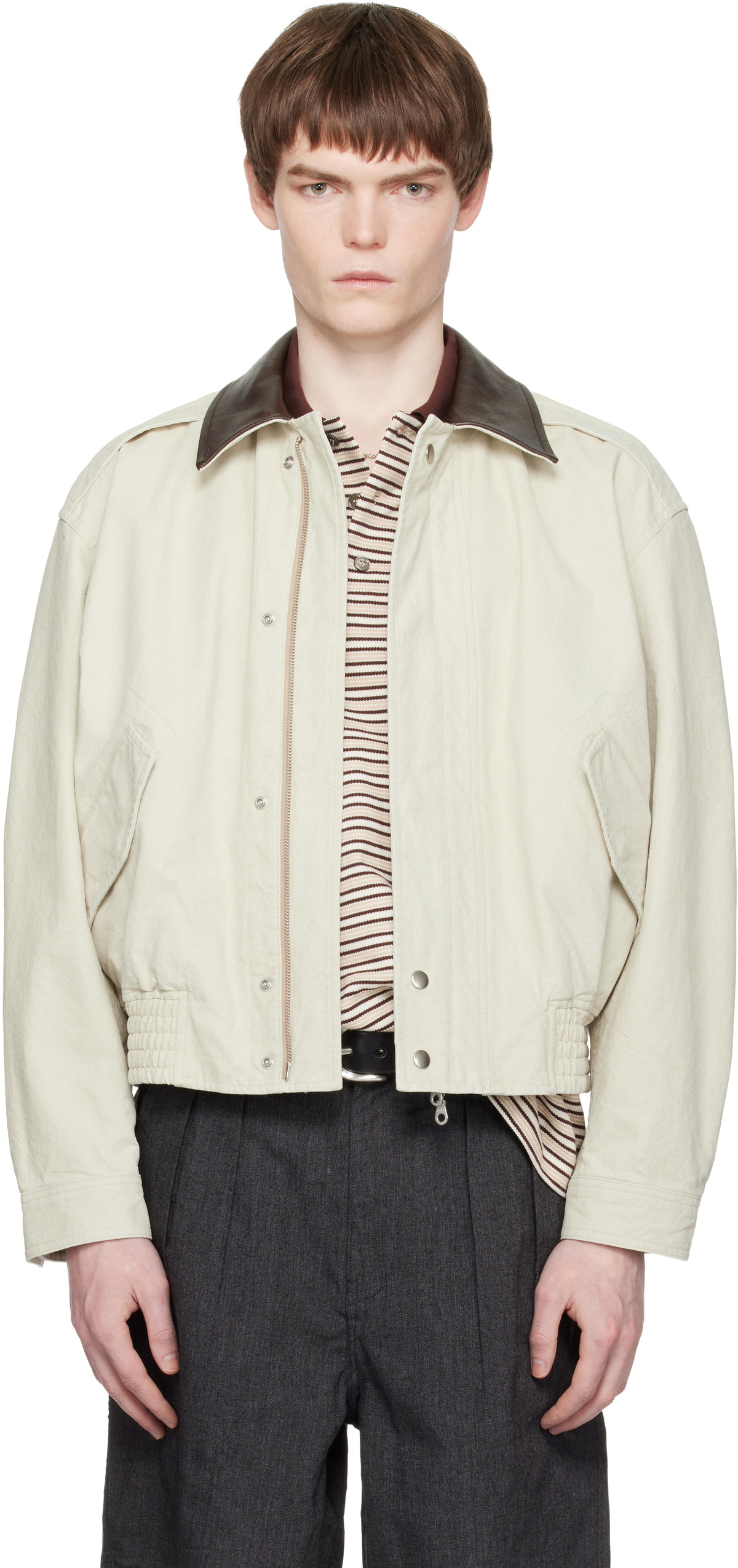 COOR Off-White Leather Collar Washed Cationized Bomber Jacket
