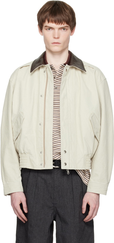 Photo: COOR Off-White Leather Collar Washed Cationized Bomber Jacket