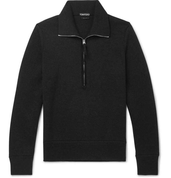 Photo: TOM FORD - Suede-Trimmed Wool Half-Zip Sweater - Men - Black