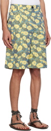Marni Green & Yellow Linen Blend Blurry Floral Print Shorts