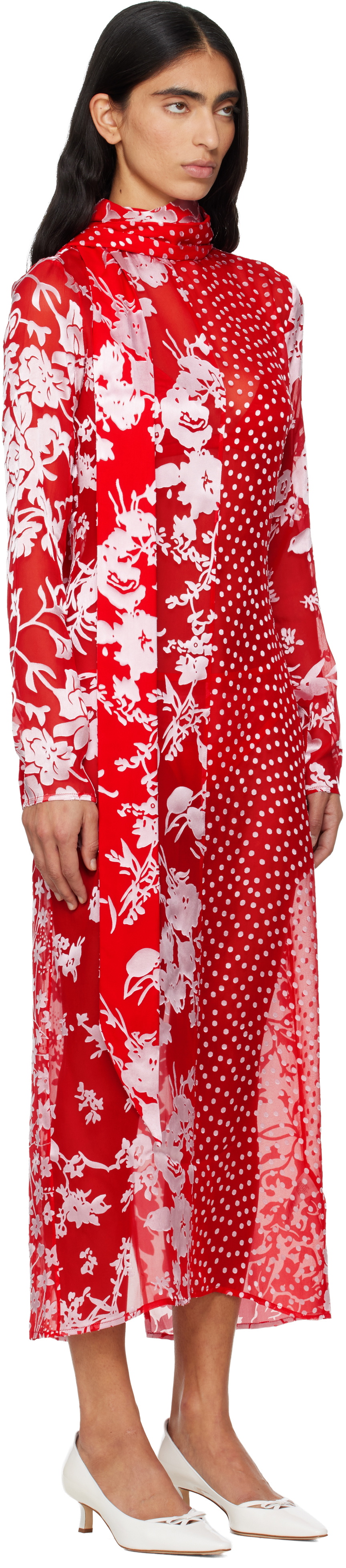 Marine Serre Red Regenerated Raso Silk Scarves Ls Maxi Dress