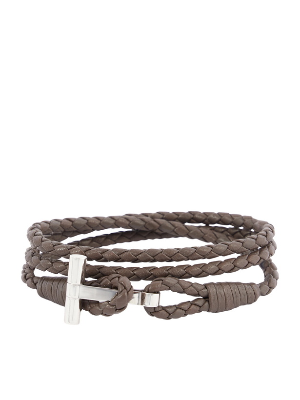 Photo: TOM FORD - Woven Leather and Silver-Tone Wrap Bracelet - Brown