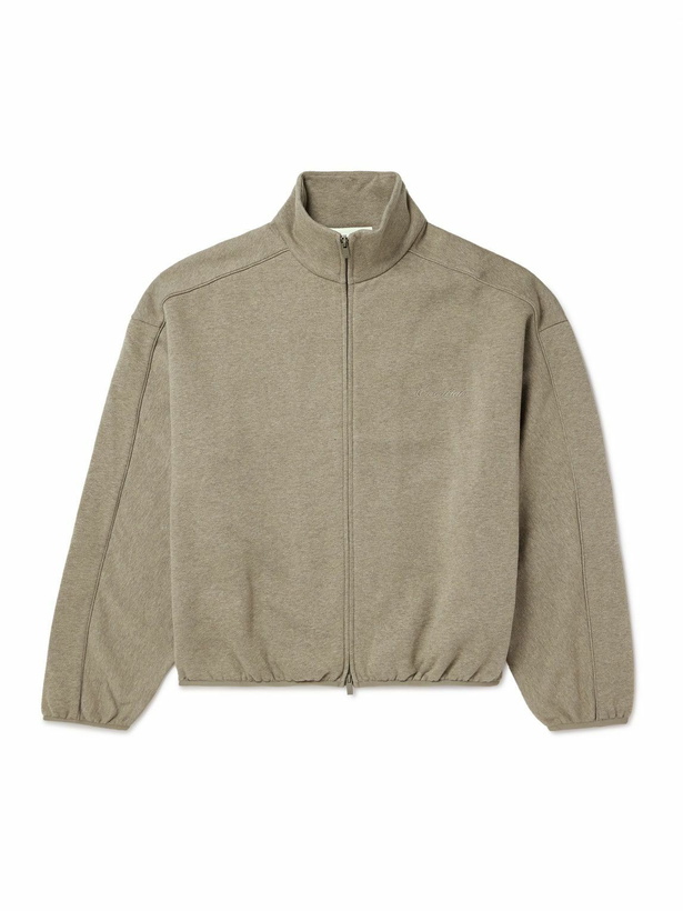 Photo: FEAR OF GOD ESSENTIALS - Oversized Logo-Appliquéd Cotton-Blend Jersey Zip-Up Sweatshirt - Brown