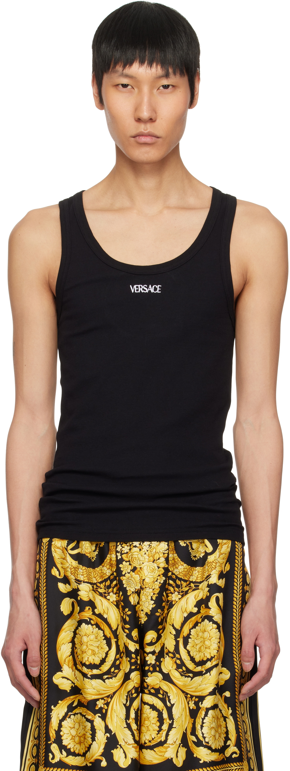 Versace Underwear Black Logo Ribbed Tank Top