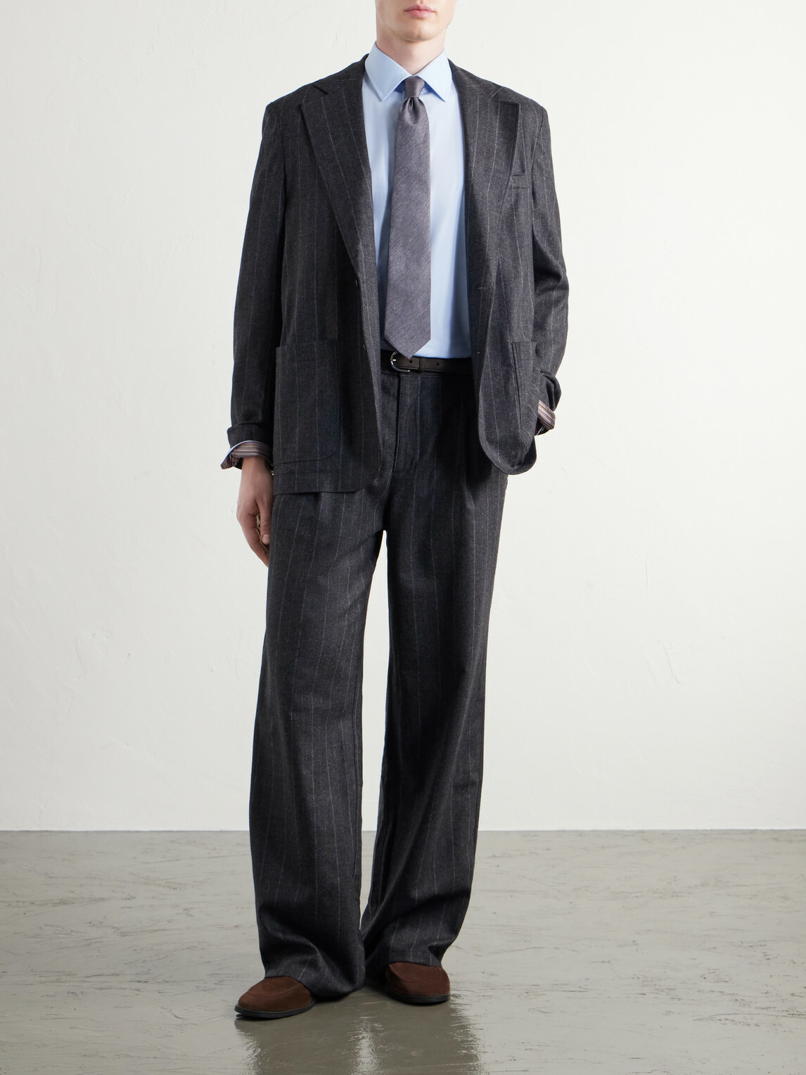 Oliver Spencer - Orsman Flared Pleated Striped Wool-Blend Suit Trousers - Gray
