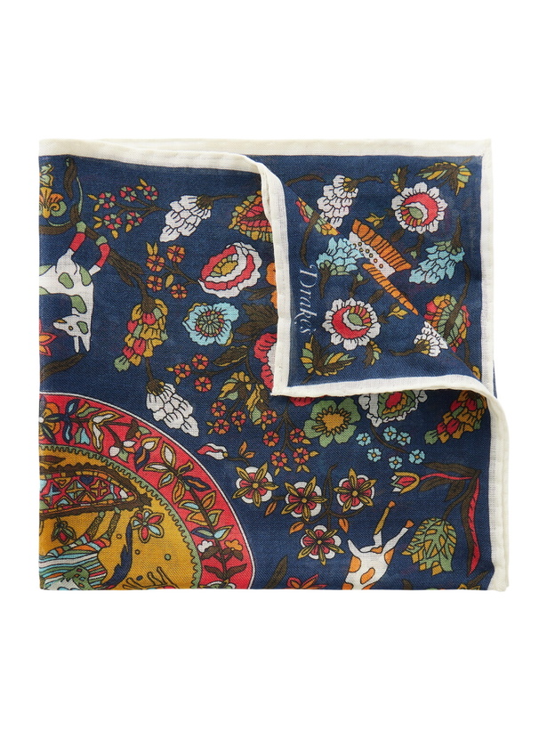 Photo: Drake's - Folk Rider Printed Wool and Silk-Blend Gauze Pocket Square - Blue