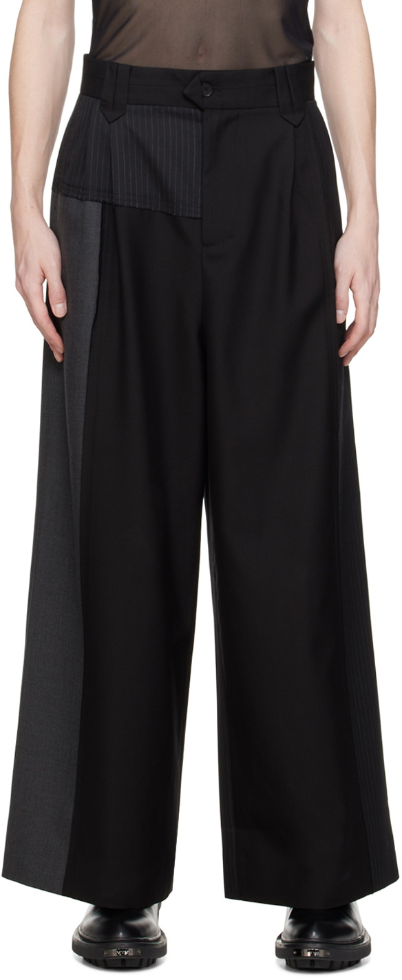 Black Paneled Trousers by Feng Chen Wang on Sale