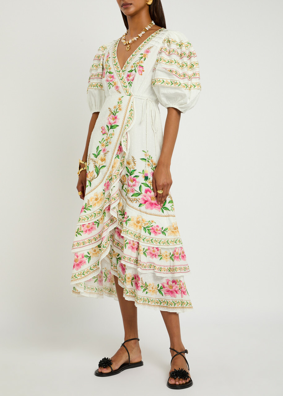Farm Rio Palm Dream Printed Cotton Midi Wrap Dress White