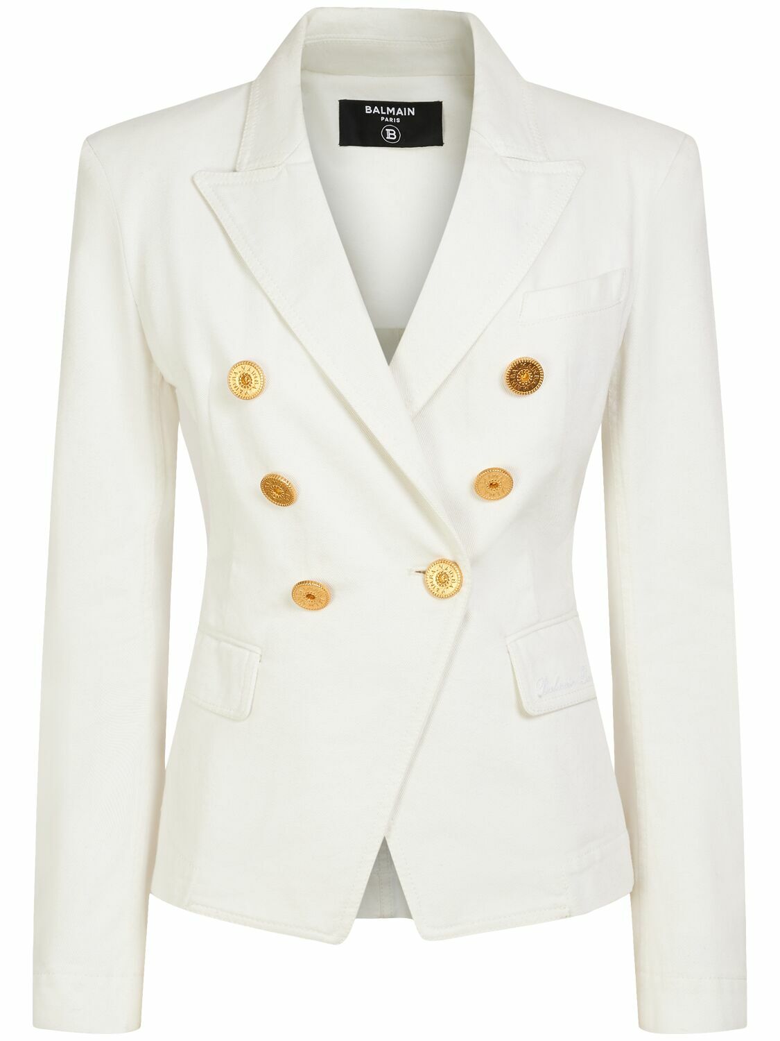 ジャケット BALMAIN Woman Jacket Blue CF1SK056KF88 SLJ Cropped denim jacket in blue - Balmain | Mytheresa