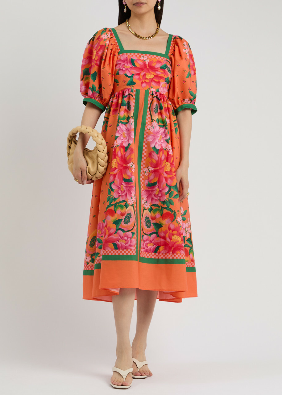 Farm Rio Fruit Garden Printed Cotton Midi Dress Orange
