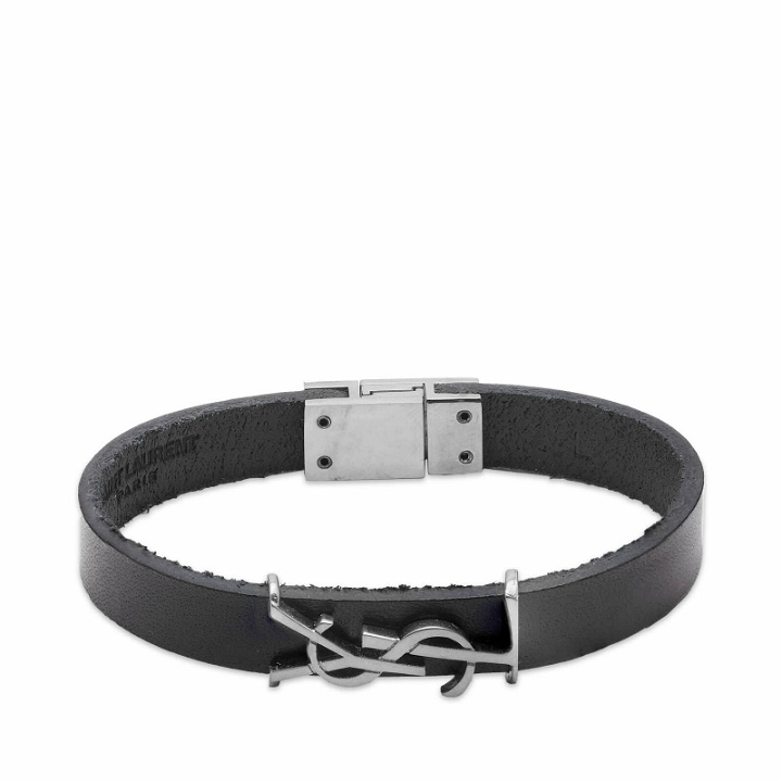 Photo: Saint Laurent Men's YSL Logo Single Wrap Bracelet in Black/Silver