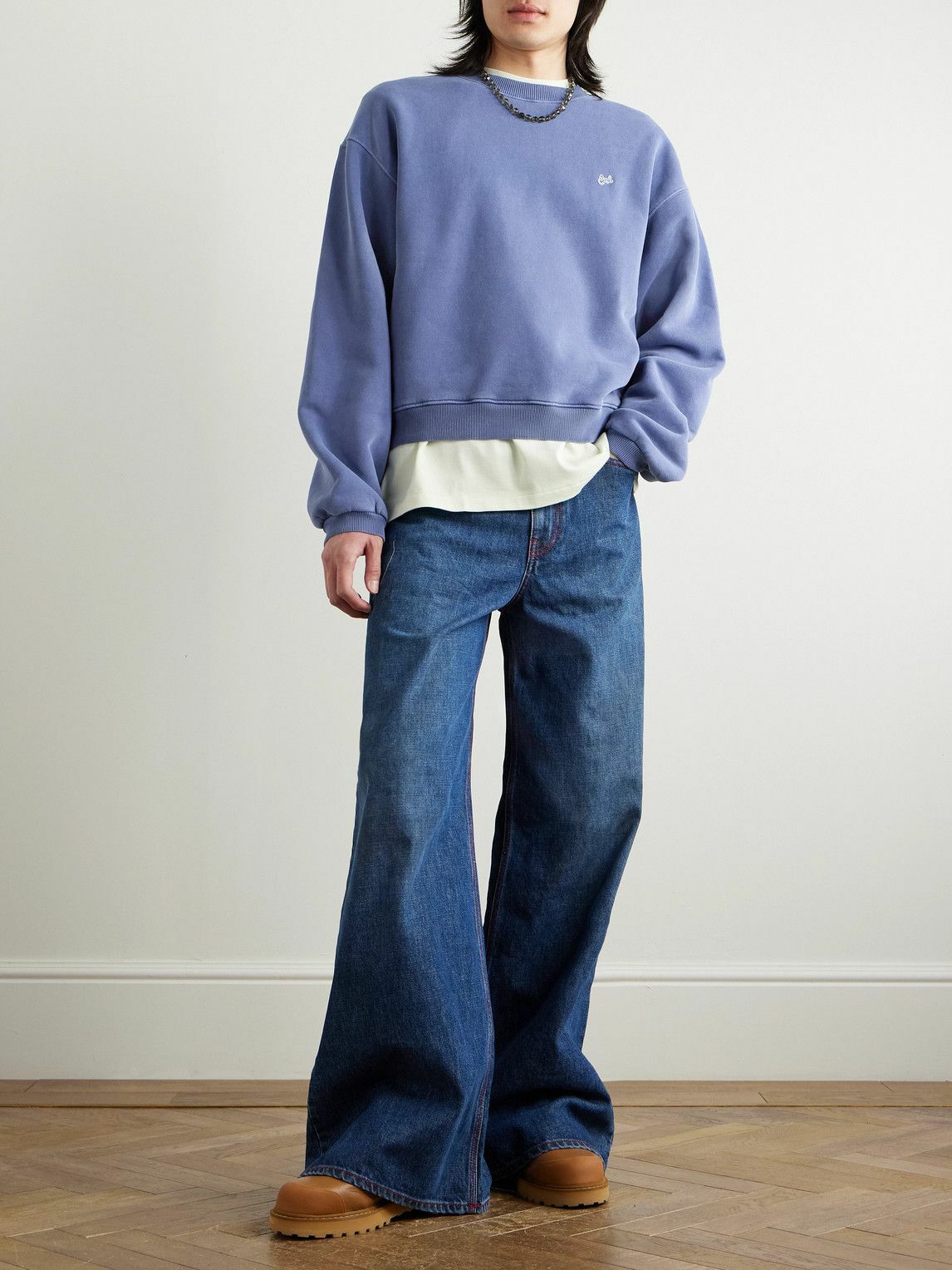 ERL - Cropped Logo-Embroidered Cotton-Jersey Sweatshirt - Blue