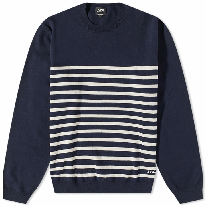 Photo: A.P.C. Men's A.P.C Matthew Stripe Crew Knit in Dark Navy