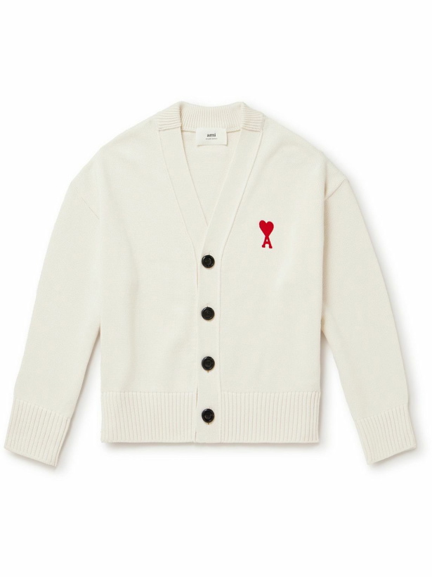 Photo: AMI PARIS - Logo-Embroidered Cotton and Merino Wool-Blend Cardigan - White