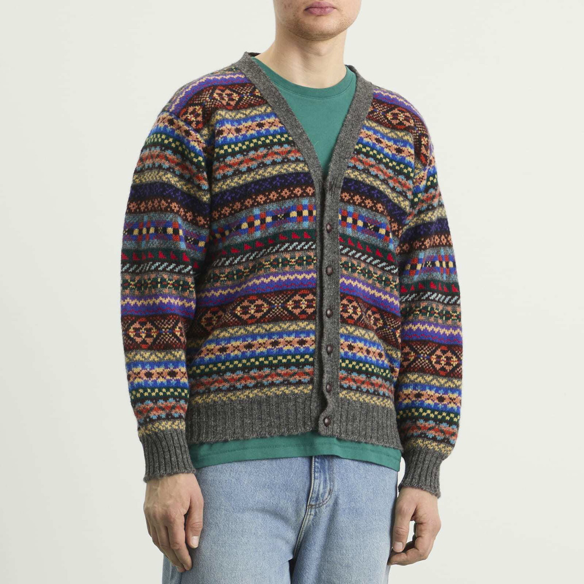 Jamieson's of Shetland Men's Jamiesons of Shetland Fair Isle V-Neck Cardigan in Grey