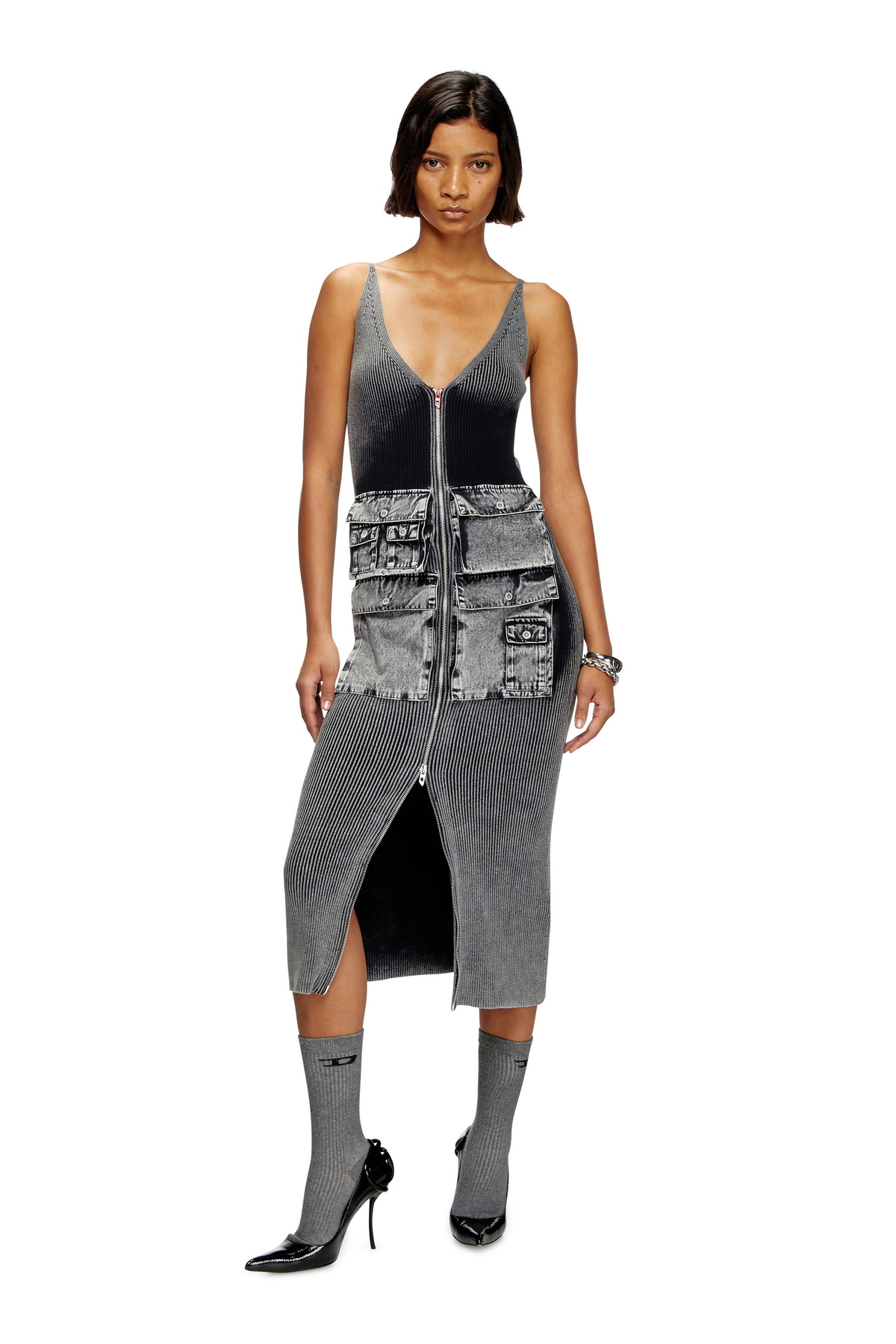 Diesel Knit midi dress with contrast pockets - Dresses Womens in Grey Diesel