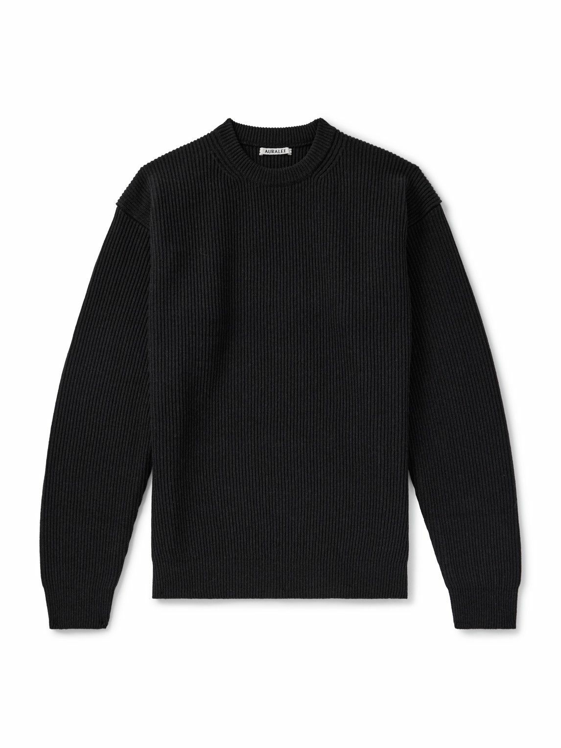 Auralee Men's French Merino Rib Cardigan in Light Blue Auralee