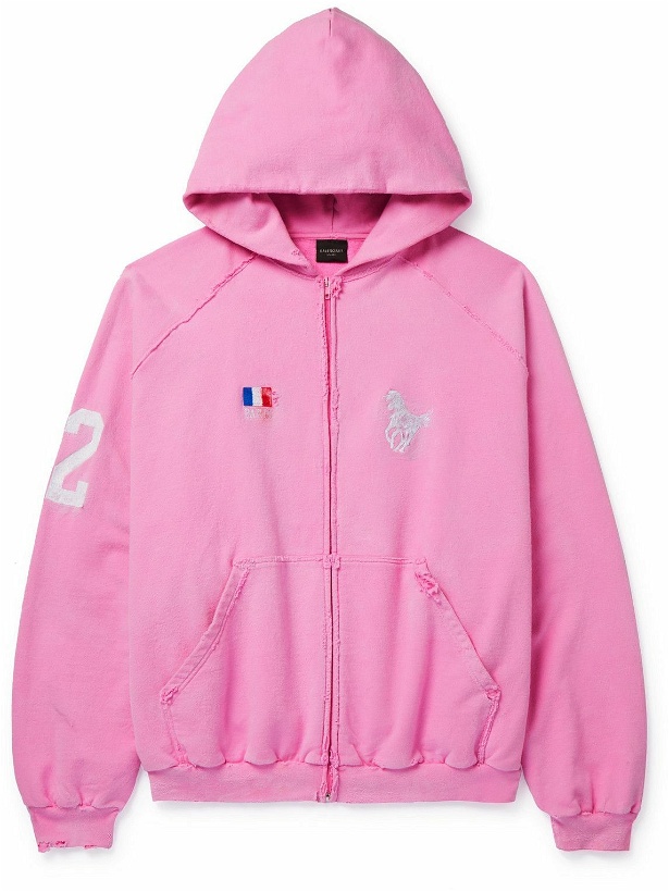 Photo: Balenciaga - Molleton Bouclette Logo-Embroidered Distressed Cotton-Jersey Zip-Up Hoodie - Pink