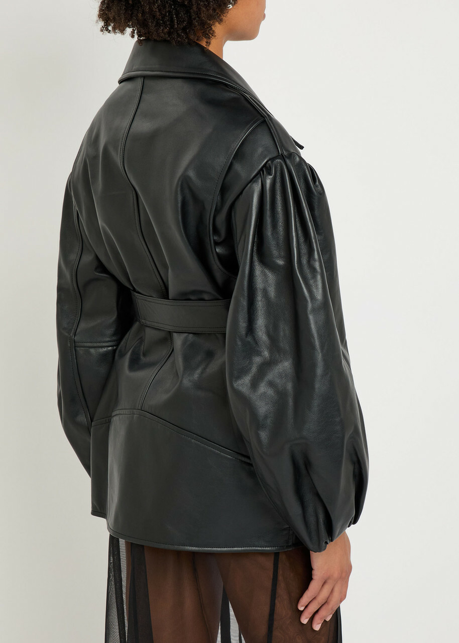 Simone Rocha Puff Sleeve Belted Leather Biker Jacket Black