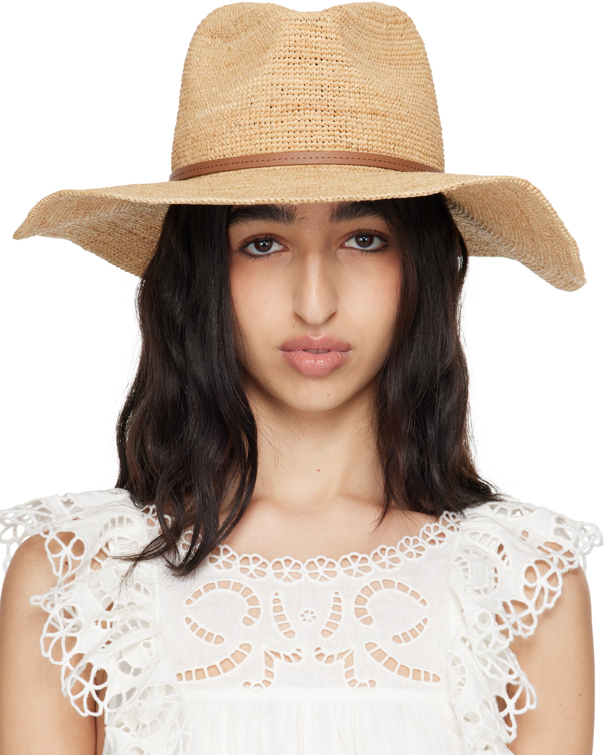 rag & bone Beige Leather-Trimmed Wide-Brim Raffia Panama Hat Rag and Bone