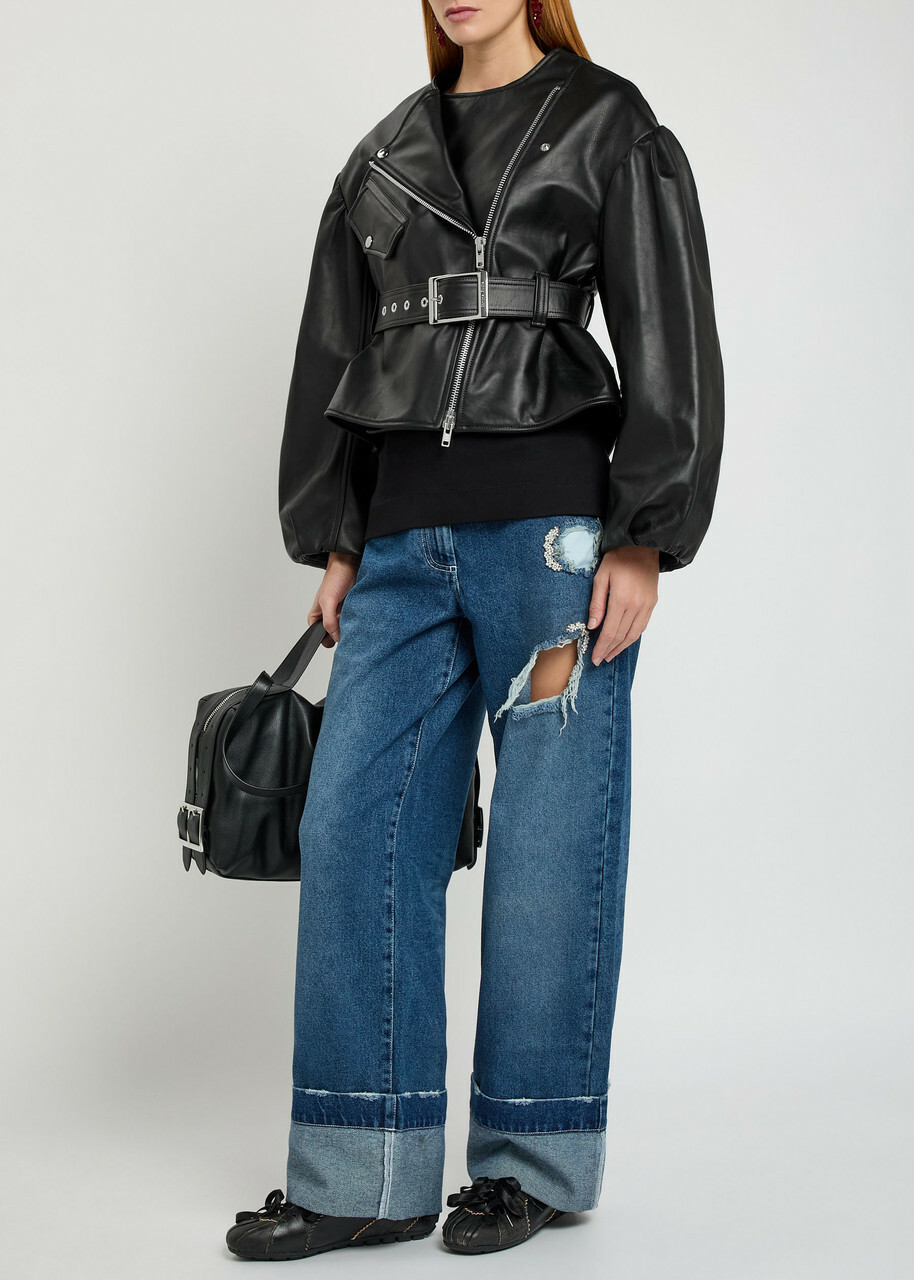 Simone Rocha Belted Leather Biker Jacket Black