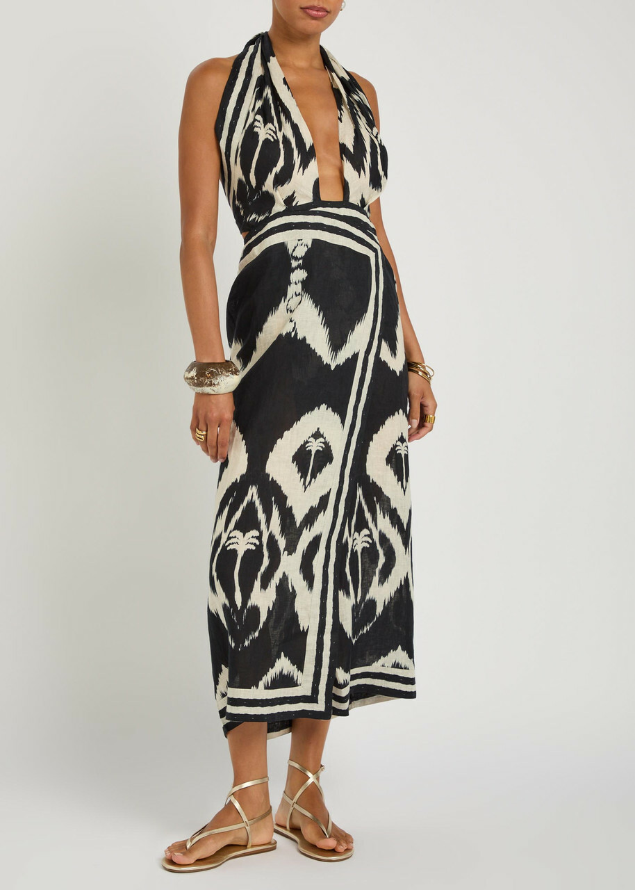 Johanna Ortiz Buen Viento Halterneck Linen Midi Dress Black