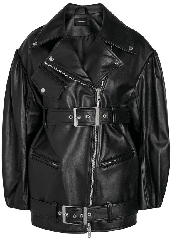 Photo: Simone Rocha Puff Sleeve Belted Leather Biker Jacket Black