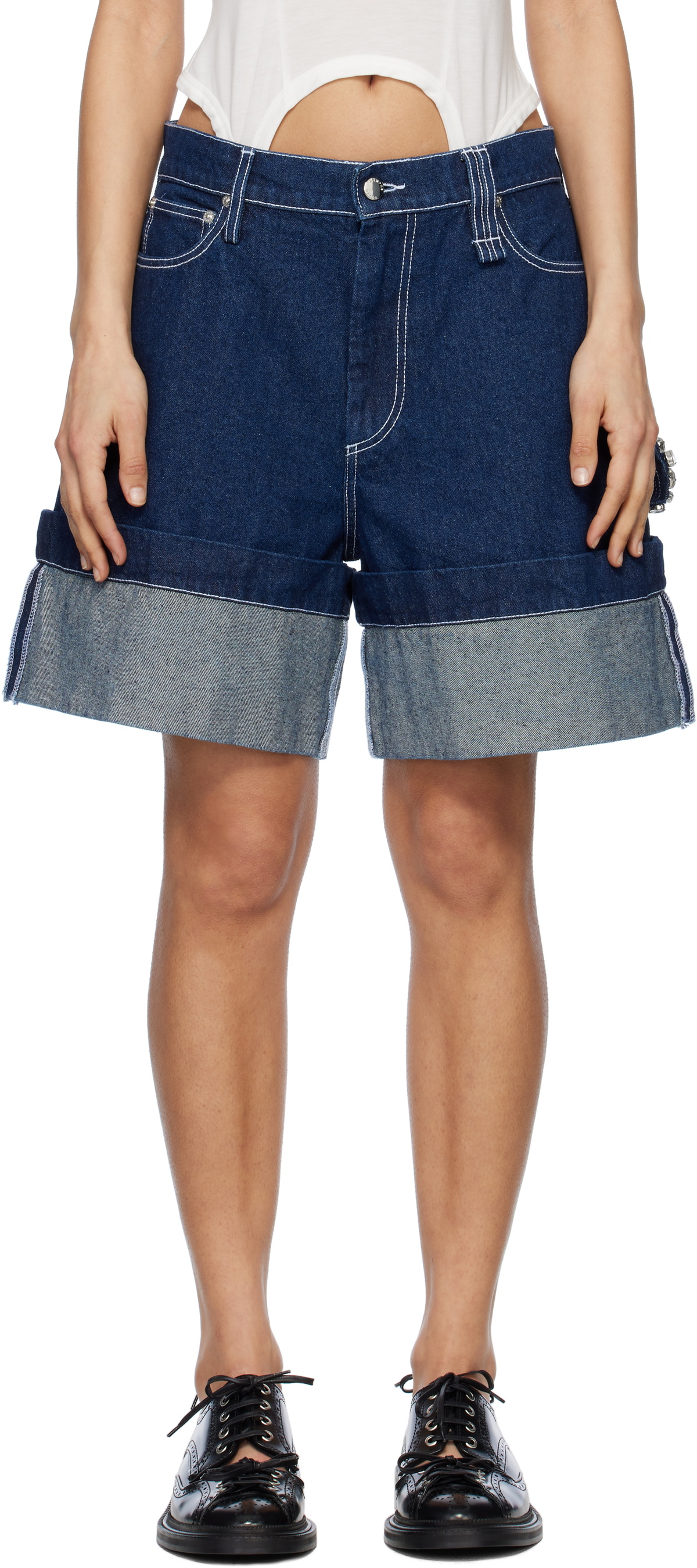 Simone Rocha Navy Embellished Wide Leg Denim Shorts Simone Rocha