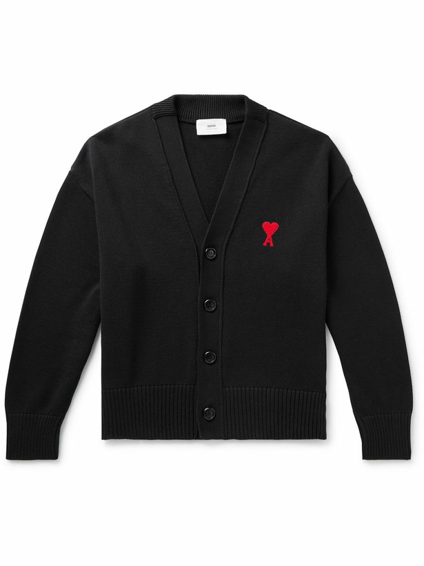 Photo: AMI PARIS - Logo-Embroidered Cotton and Merino Wool-Blend Cardigan - Black