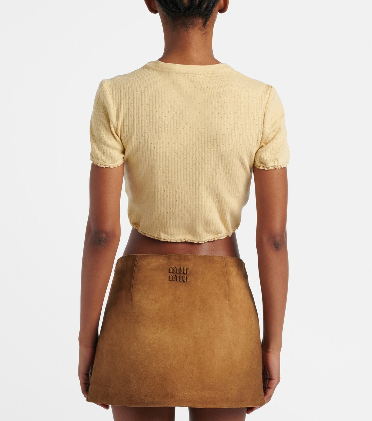 Miu Miu Lace-trimmed pointelle cotton crop top