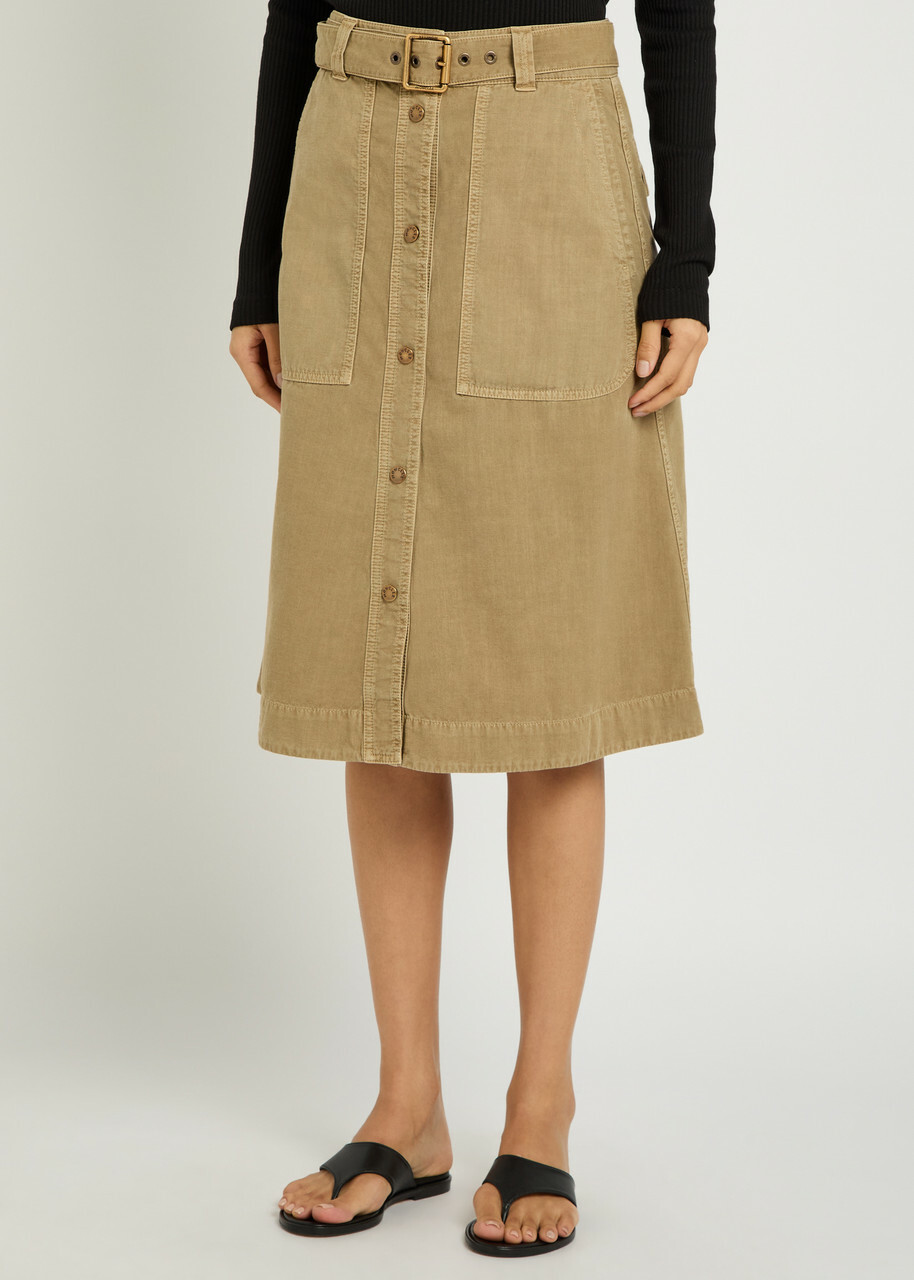 Moncler Belted Cotton-twill Midi Skirt Beige