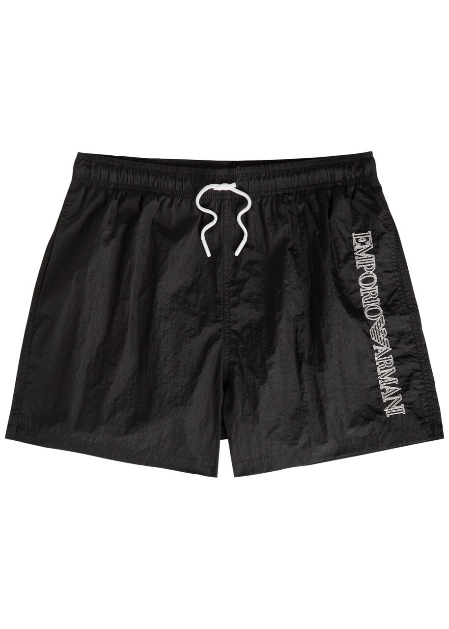 Emporio Armani Logo-embroidered Crinkled Nylon Swim Shorts Black
