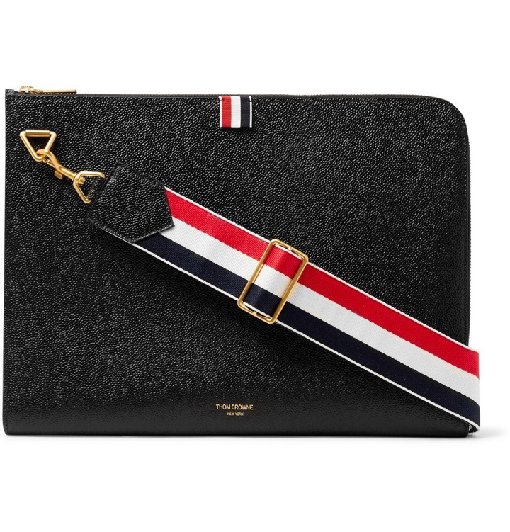 Photo: Thom Browne - Striped Grosgrain-Trimmed Pebble-Grain Leather Zip-Around Pouch - Black