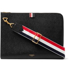 Thom Browne - Striped Grosgrain-Trimmed Pebble-Grain Leather Zip-Around Pouch - Black