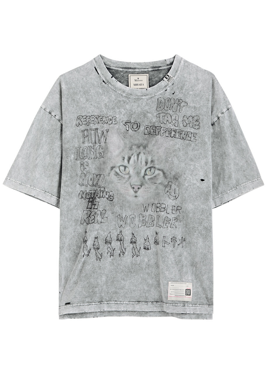 Maison mihara yasuhiro Cat Printed Distressed Cotton T-shirt