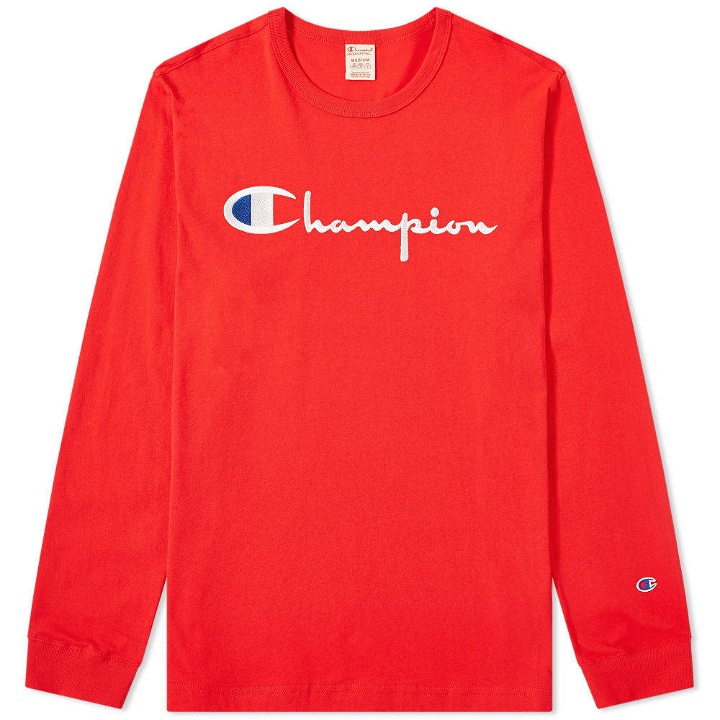 Photo: Champion Reverse Weave Long Sleeve Big Script Tee Red