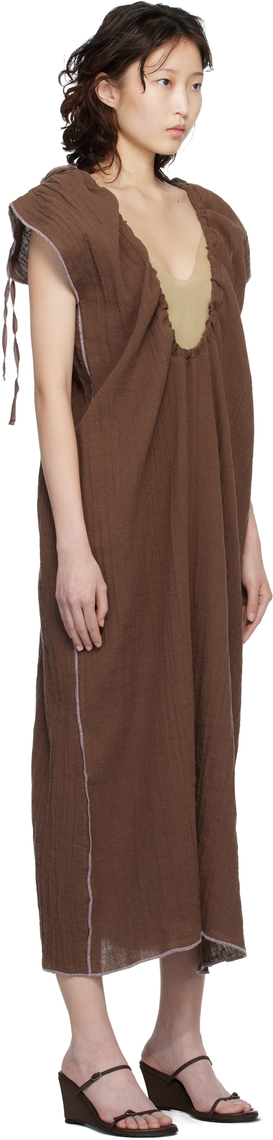 Baserange Brown Max Crinkle Linen Maxi Dress