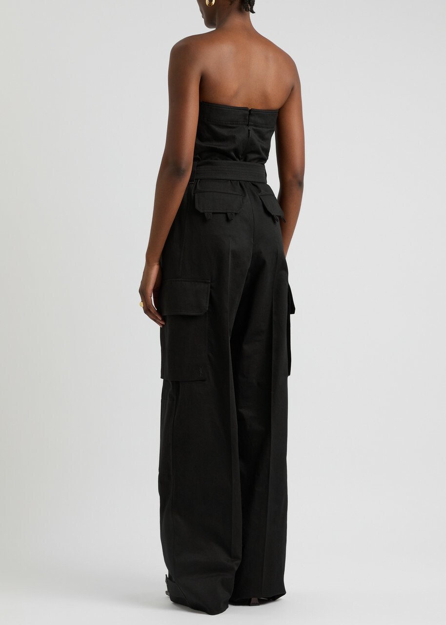 Saint Laurent Strapless Belted Cotton-twill Cargo Jumpsuit Black