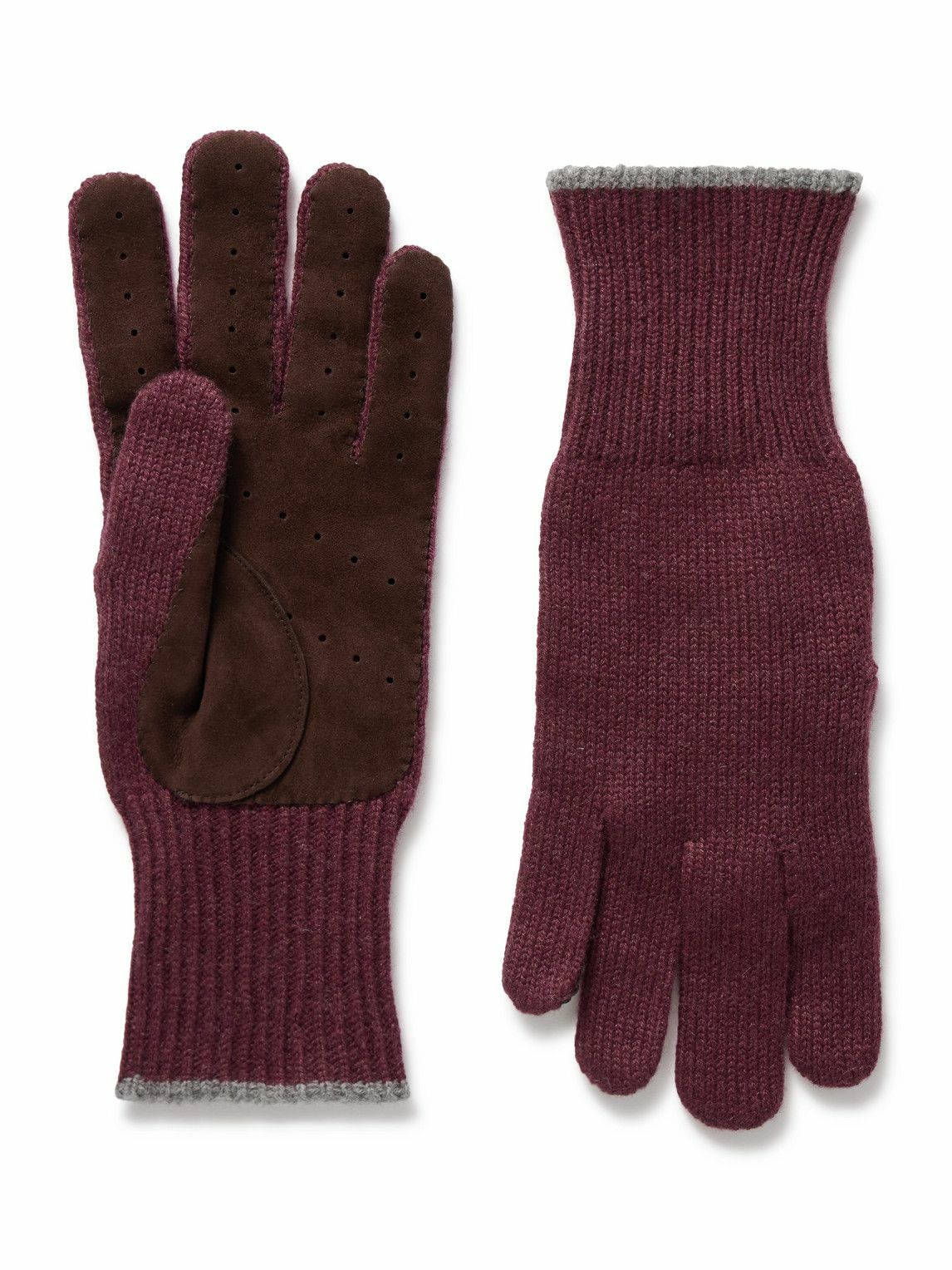 Brunello Cucinelli - Suede-Trimmed Ribbed Cashmere Gloves - Burgundy