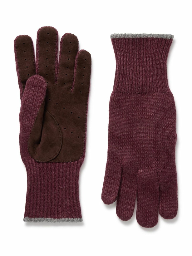 Photo: Brunello Cucinelli - Suede-Trimmed Ribbed Cashmere Gloves - Burgundy