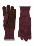 Brunello Cucinelli - Suede-Trimmed Ribbed Cashmere Gloves - Burgundy