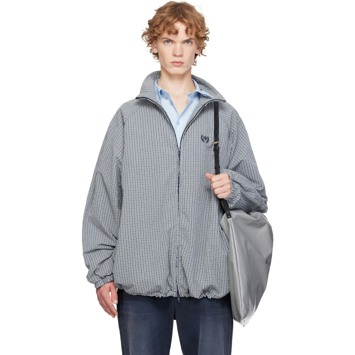 Balenciaga Blue & Beige Cotton Linen Check Zip-Up Jacket
