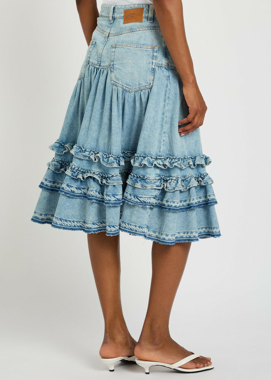 Ganni Frill Tiered Denim Midi Skirt Light Blue
